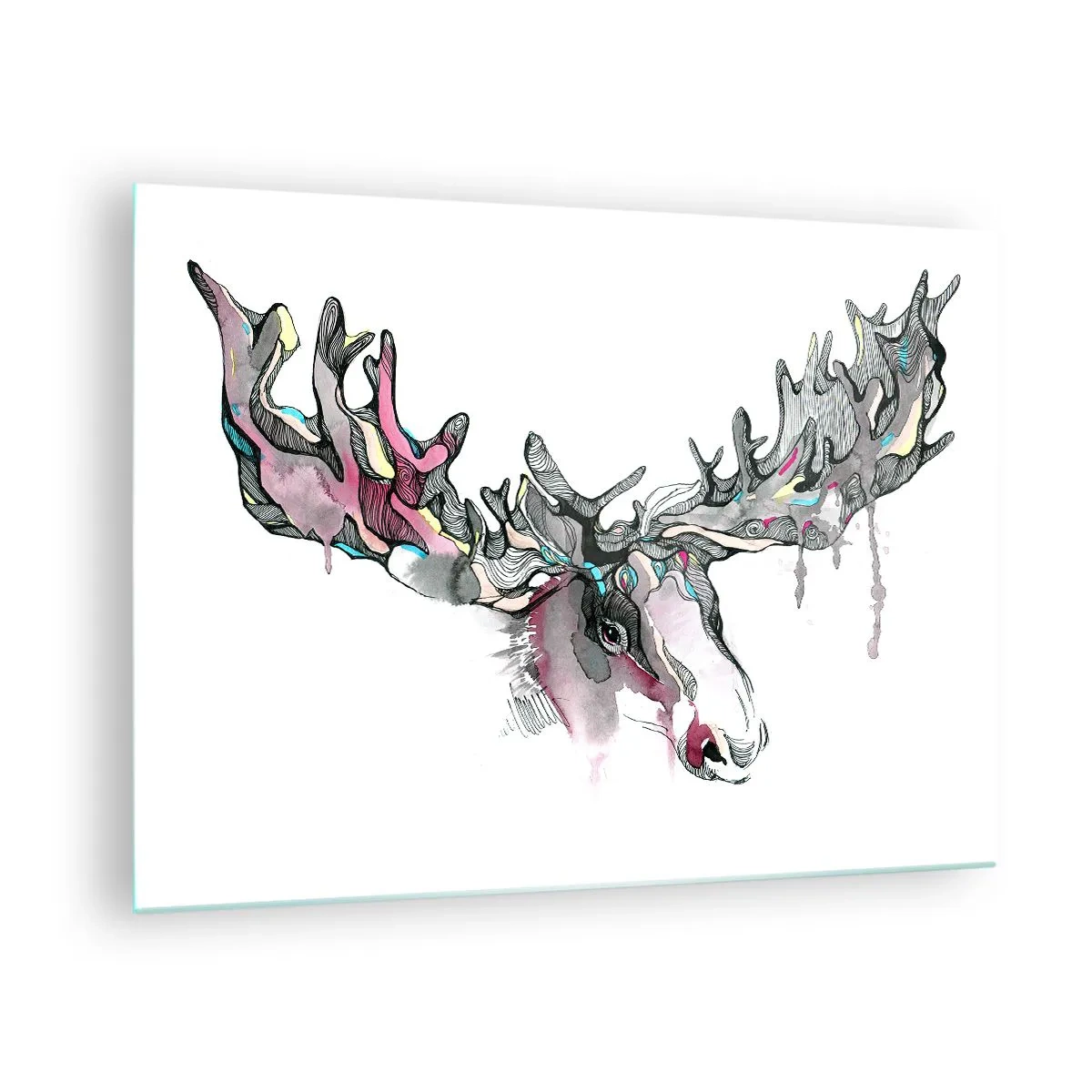 Obraz na szkle - Kolorowa akwarela łosia z rozbudowanym porożem - 70x50cm - Korona króla lasu - Nowoczesna dekoracja ścienna do salonu i sypialni ARTTOR