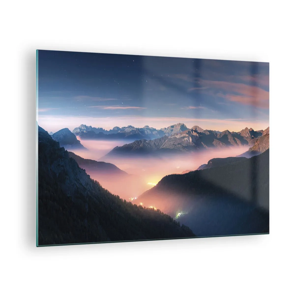 Obraz na szkle - Górski krajobraz o zachodzie słońca z mgłą w dolinie - 70x50cm - Światło w dolinach - Nowoczesna dekoracja ścienna do salonu i sypialni ARTTOR