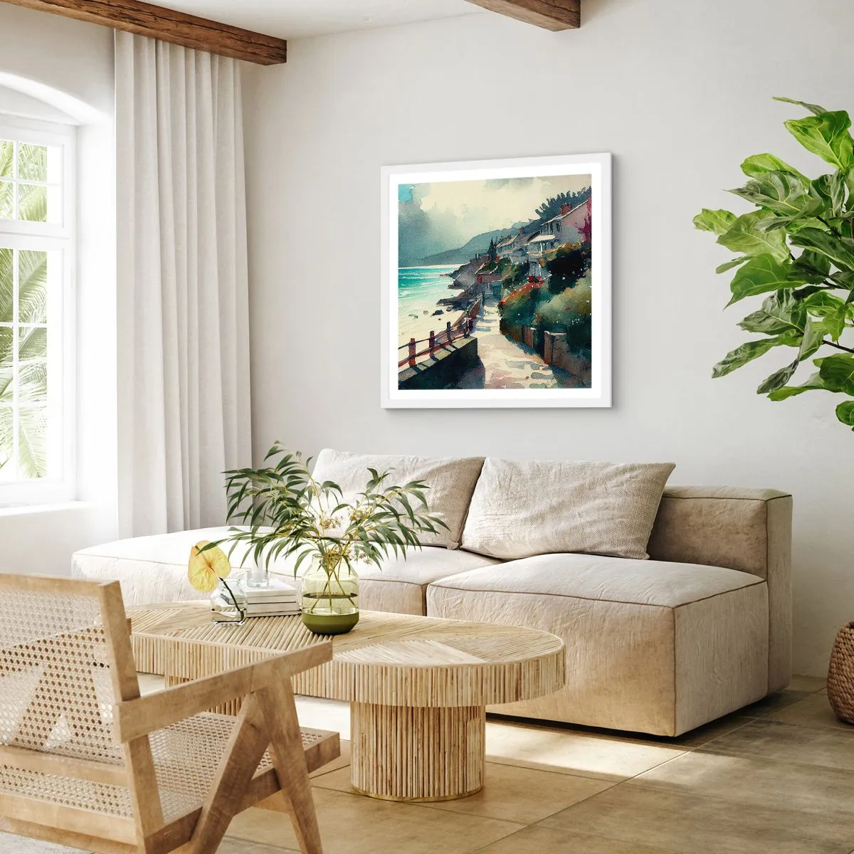 Plakat w białej ramie - Śródziemnomorskie miasteczko - 30x30 cm