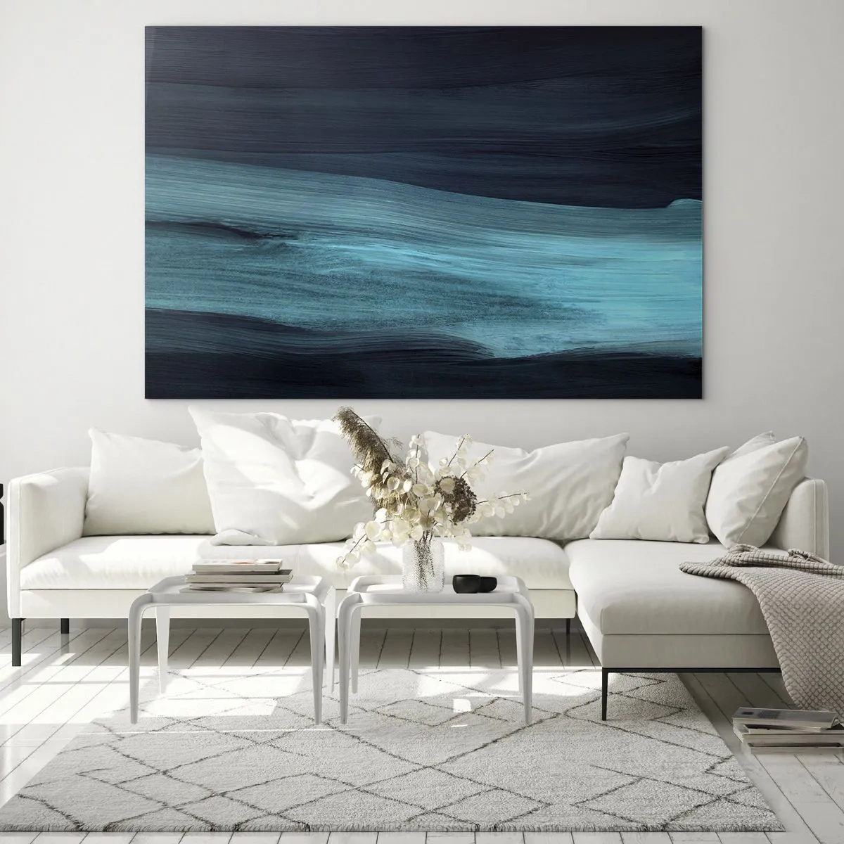 Obraz na szkle - Abstrakcyjna fala w odcieniach turkusu i granatu - 70x50cm - Popłyń z nurtem - Nowoczesna dekoracja ścienna do salonu i sypialni ARTTOR