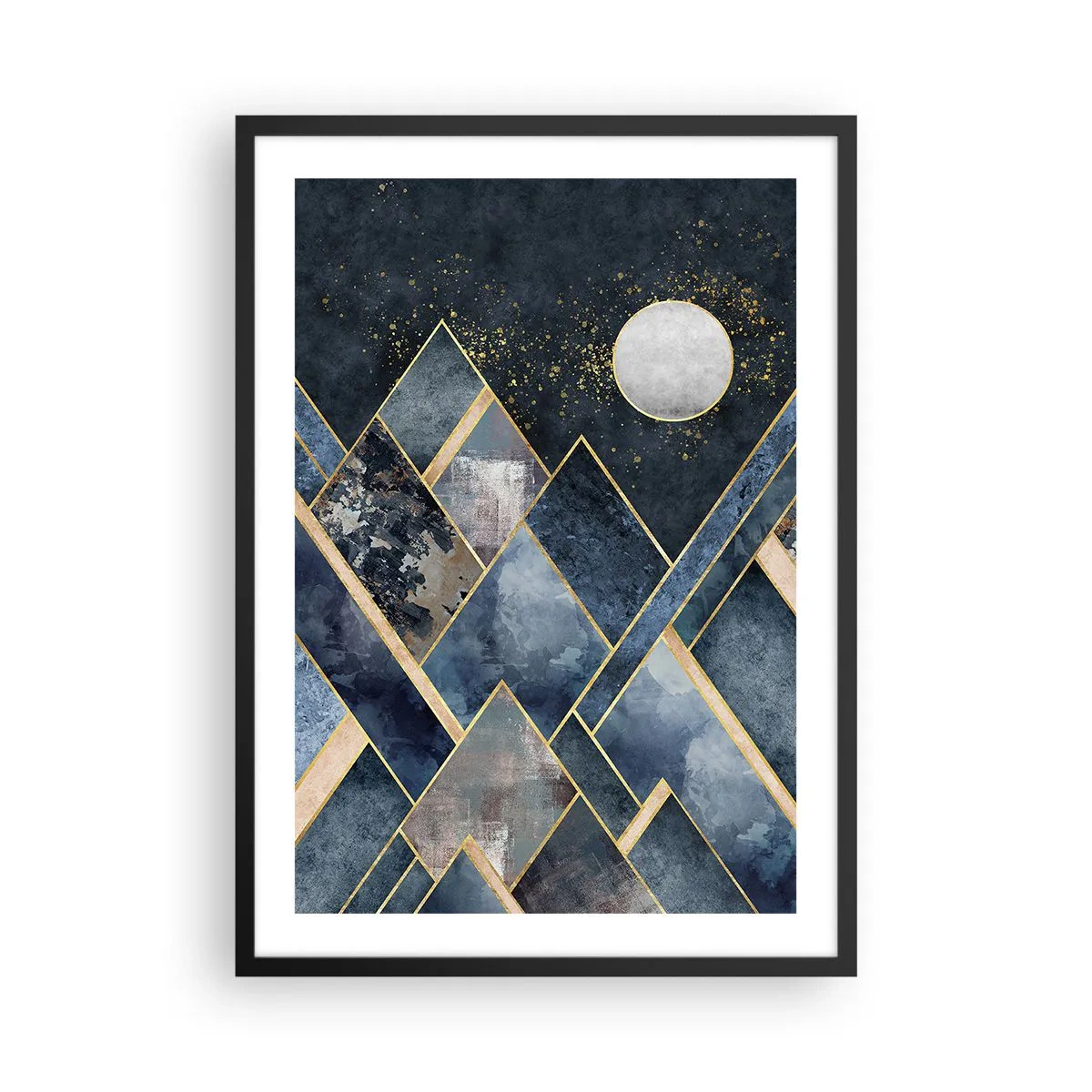 Plakat w czarnej ramie - Geometryczne góry w odcieniach granatu i złota - 50x70cm - Pejzaż geometryczny - Nowoczesna dekoracja ścienna do salonu i sypialni ARTTOR