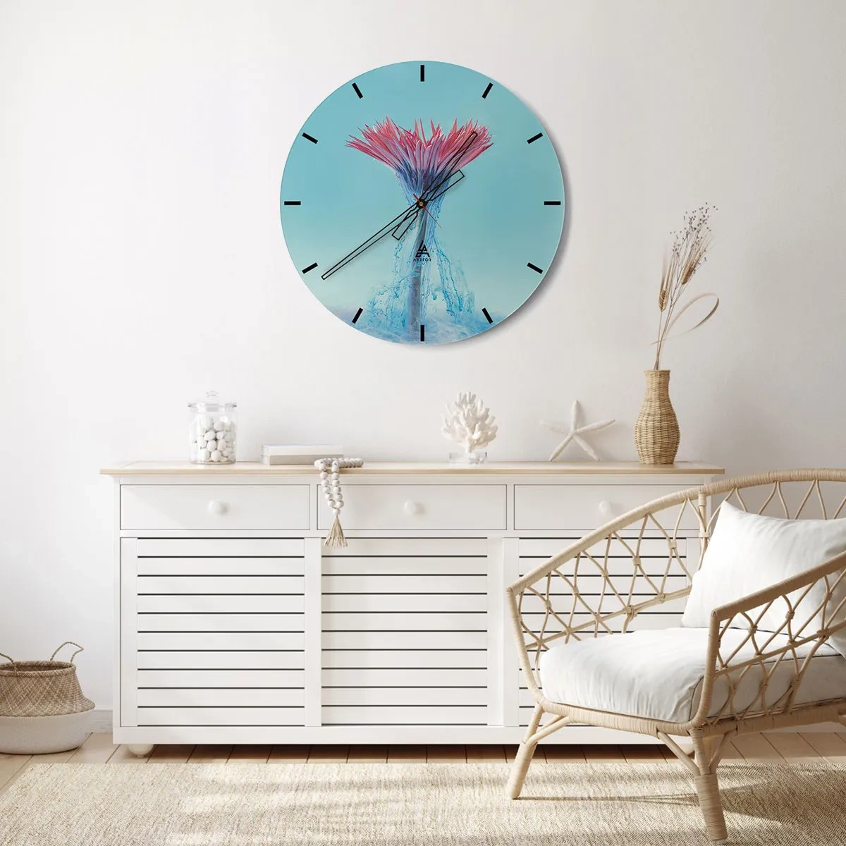 Zegar ścienny - Kwiat woda, dynamiczny wybuch kolorów - 30x30cm - W ożywczym objęciu - Nowoczesna dekoracja ścienna do salonu, kuchni i sypialni ARTTOR