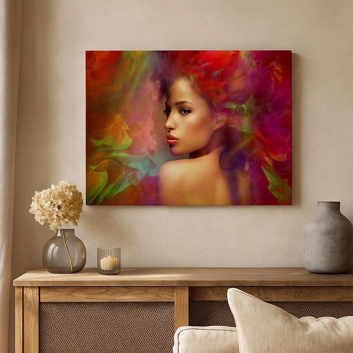 Obraz na płótnie - Kobieta z kolorowymi refleksami tworzącymi abstrakcyjne tło - 70x50cm - Piękniejsza od tęczy, delikatna jak mgła - Nowoczesna dekoracja ścienna do salonu i sypialni ARTTOR