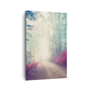 Obraz na płótnie - Magiczna ścieżka leśna otoczona drzewami i mgłą - 80x120cm - Jak dobrze wstać skoro świt - Nowoczesna dekoracja ścienna do salonu i sypialni ARTTOR