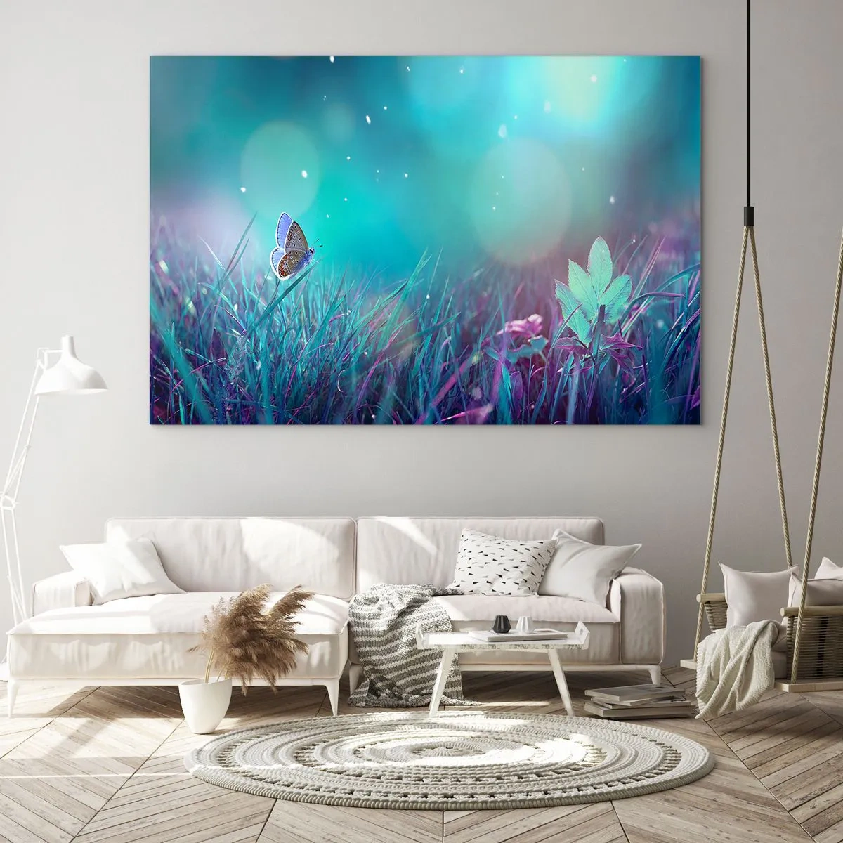 Obraz na szkle - Motyl na trawie w świetle pastelowych kolorów - 70x50cm - Sekretne życie łąki - Nowoczesna dekoracja ścienna do salonu i sypialni ARTTOR