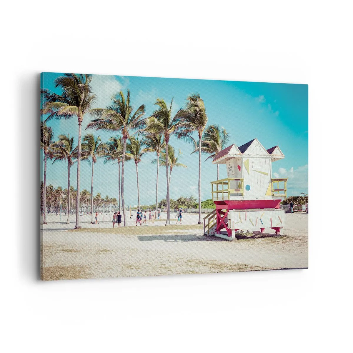 Obraz na płótnie - Plaża z palmami i wieżą ratowniczą w tle - 120x80cm - Przed tobą piękny dzień - Nowoczesna dekoracja ścienna do salonu, kuchni i sypialni ARTTOR