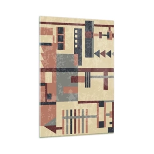 Obraz na szkle - Geometryczny wzór w pastelowych odcieniach beżu, czerwieni i szarości - 80x120cm - Kombinacja pionów i poziomów - Nowoczesna dekoracja ścienna do salonu i sypialni ARTTOR