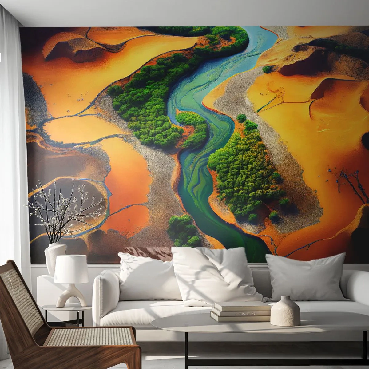 Fototapeta Premium Sand - Zielona rzeka wijąca się przez pomarańczową pustynię - 100x70cm - Życiodajna rzeka - Nowoczesna dekoracja ścienna do salonu, kuchni i sypialni ARTTOR