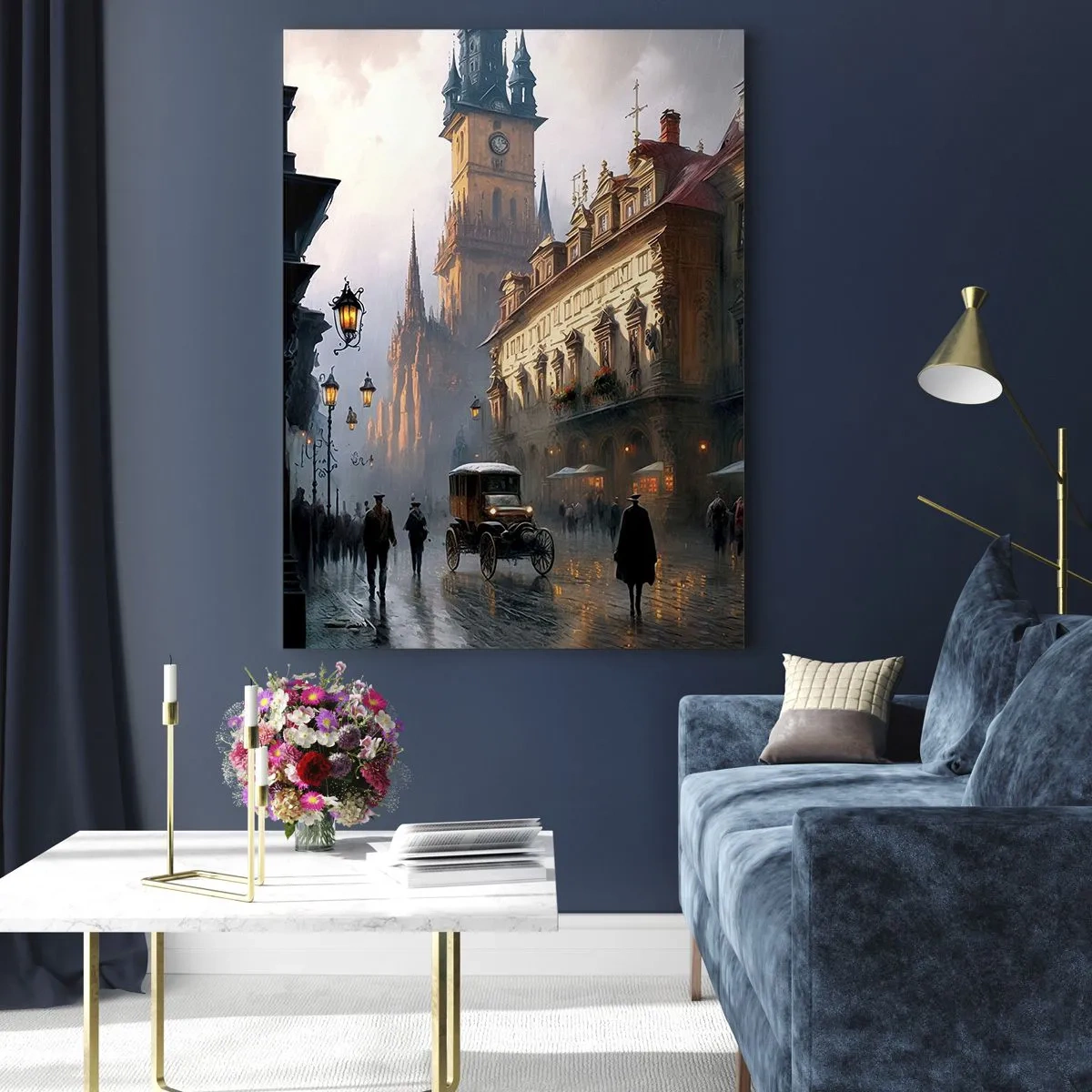 Obraz na szkle - Wieczorna scena uliczna z zabytkową architekturą - 80x120cm - Czar praskiego wieczoru - Nowoczesna dekoracja ścienna do salonu i sypialni ARTTOR