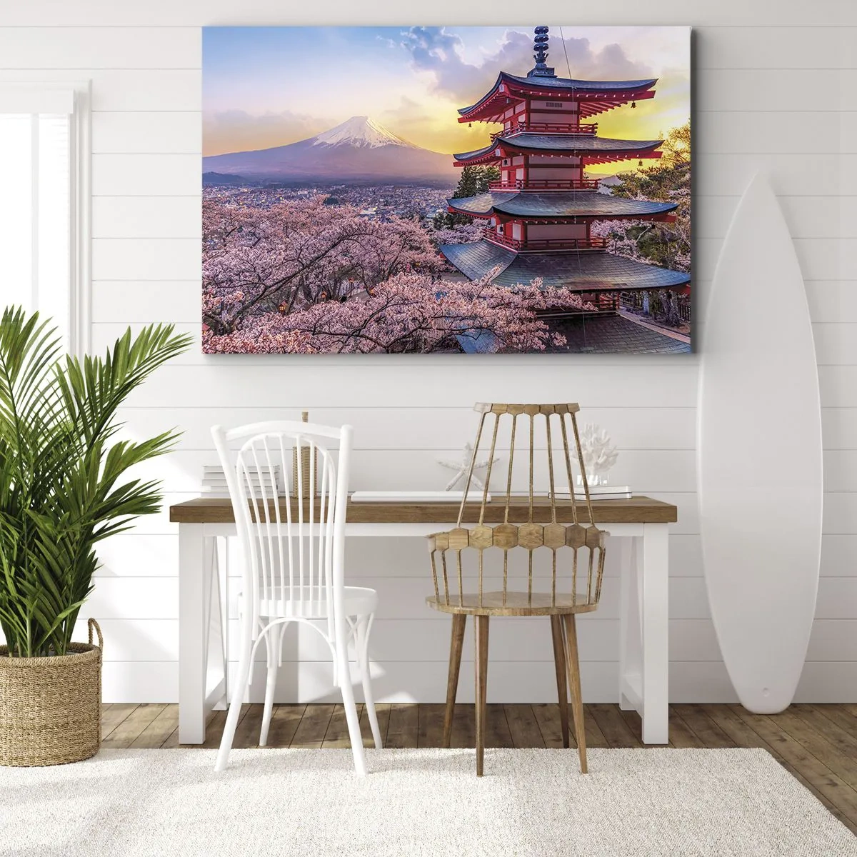 Obraz na płótnie - Pagoda w Japonii z kwitnącymi wiśniami i górą Fuji - 100x70cm - Esencja japońskiego ducha - Nowoczesna dekoracja ścienna do salonu, kuchni i sypialni ARTTOR