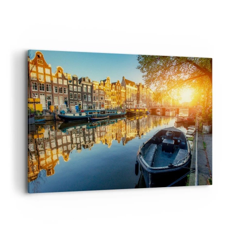 Obraz na płótnie - Kanał w Amsterdamie o zachodzie słońca - 120x80cm - Poranek w Amsterdamie - Nowoczesna dekoracja ścienna do salonu, kuchni i sypialni ARTTOR