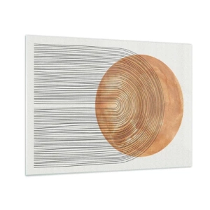 Obraz na szkle - Geometryczna forma z koncentrycznymi liniami i złotym kołem - 70x50cm - Kompozycja słoneczna - Nowoczesna dekoracja ścienna do salonu i sypialni ARTTOR