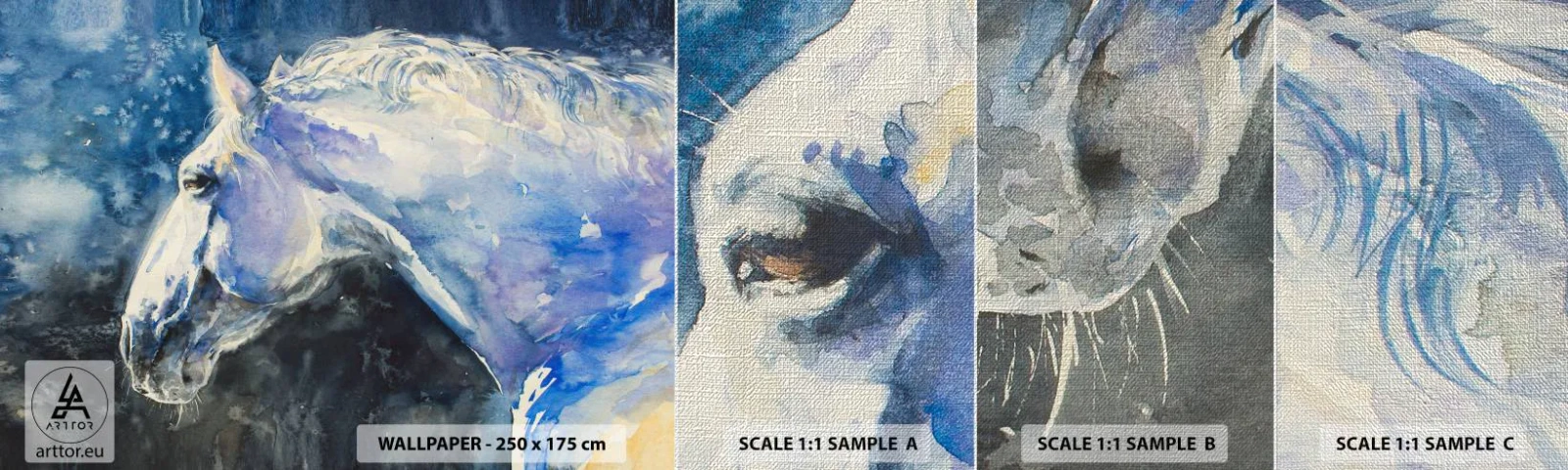 Fototapeta Próbka Premium Canvas - Portret w błękitnej poświacie - Koń, Malarstwo, Zwierzęta - 100x30 cm