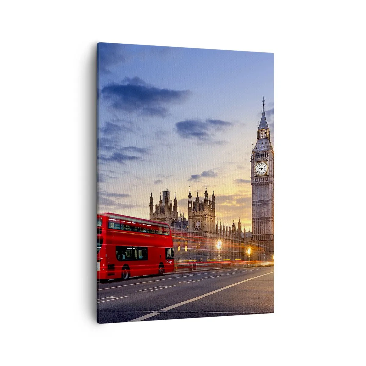 Obraz na płótnie - Big Ben i czerwony autobus w Londynie o zachodzie słońca - 50x70cm - Znaki szczególne - Nowoczesna dekoracja ścienna do salonu, kuchni i sypialni ARTTOR