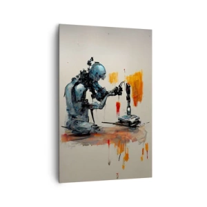 Obraz na płótnie - Robot przy pracy z abstrakcyjnym tłem - 80x120cm - Już jutro… - Nowoczesna dekoracja ścienna do salonu i sypialni ARTTOR