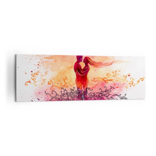 Obraz na płótnie - Para w objęciach na tle abstrakcyjnego różowo-pomarańczowego wzoru - 160x50cm - Jednego serca! Tak mało mi trzeba… - Nowoczesna dekoracja ścienna do salonu i sypialni ARTTOR