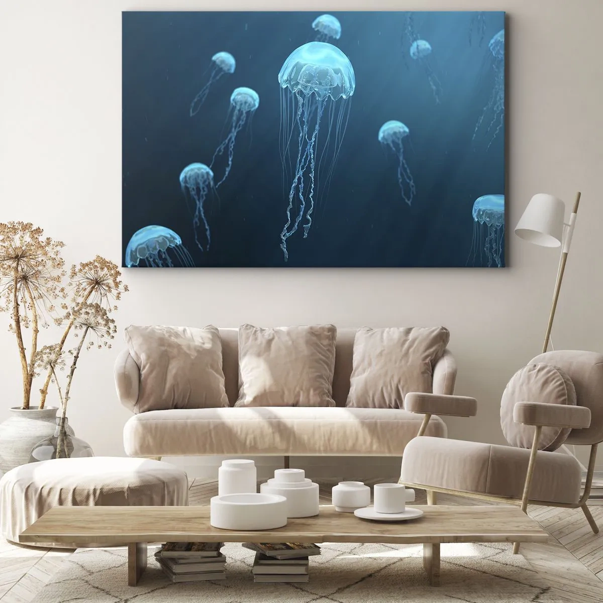 Obraz na płótnie - Meduzy unoszące się w głębinach oceanu w niebieskiej tonacji - 70x50cm - Oceaniczny taniec - Nowoczesna dekoracja ścienna do salonu i sypialni ARTTOR