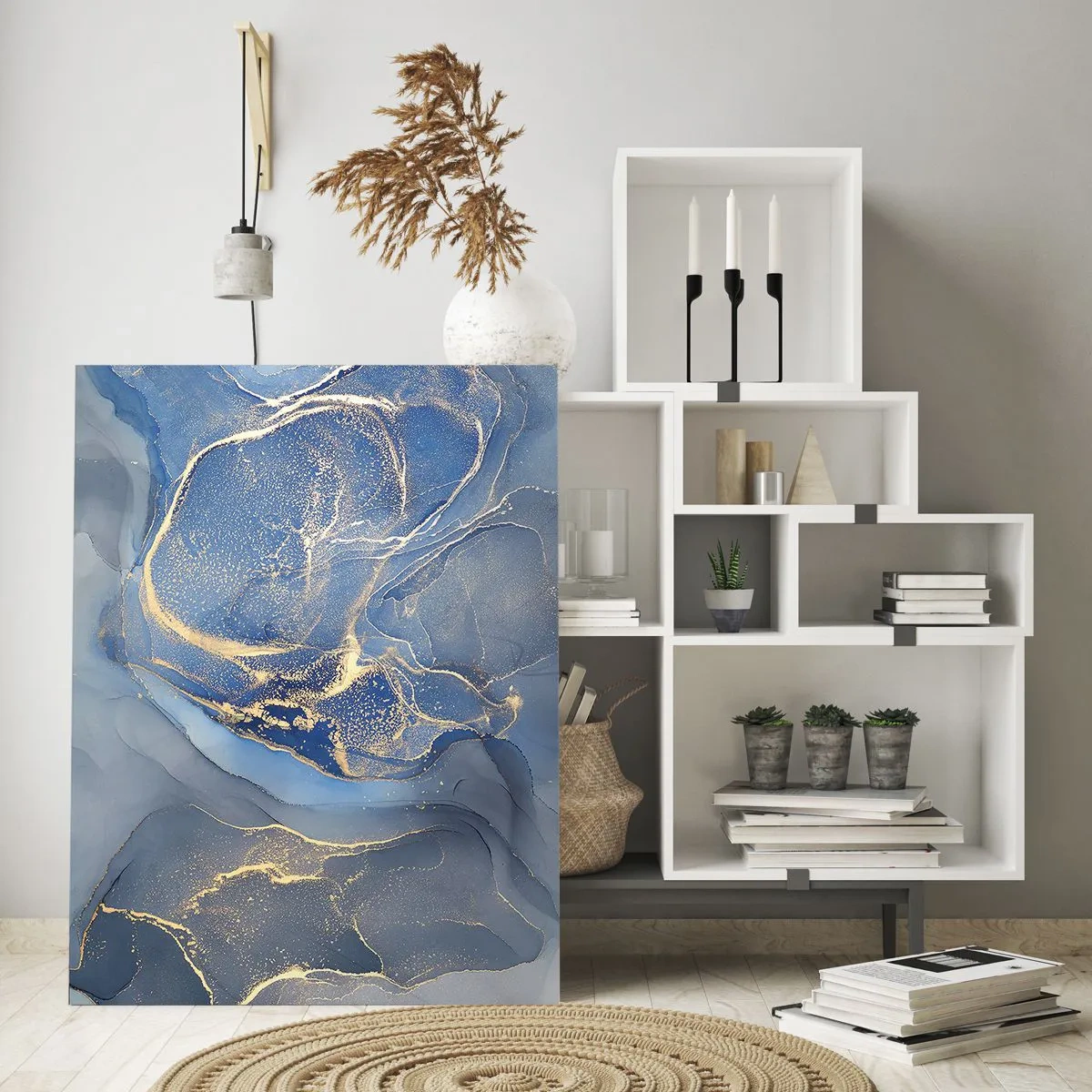 Obraz na szkle - Abstrakcyjne niebieskie wzory ze złotymi akcentami - 80x120cm - Złoty pył - Nowoczesna dekoracja ścienna do salonu i sypialni ARTTOR