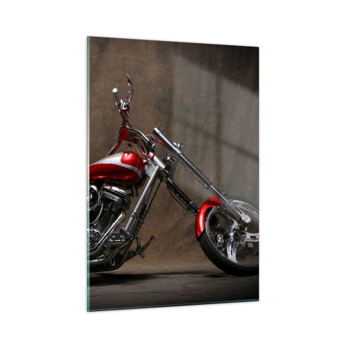Obraz na szkle - Czerwony motocykl custom na ciemnym tle - 50x70cm - Czerwono-srebrna piękność - Nowoczesna dekoracja ścienna do salonu, kuchni i sypialni ARTTOR