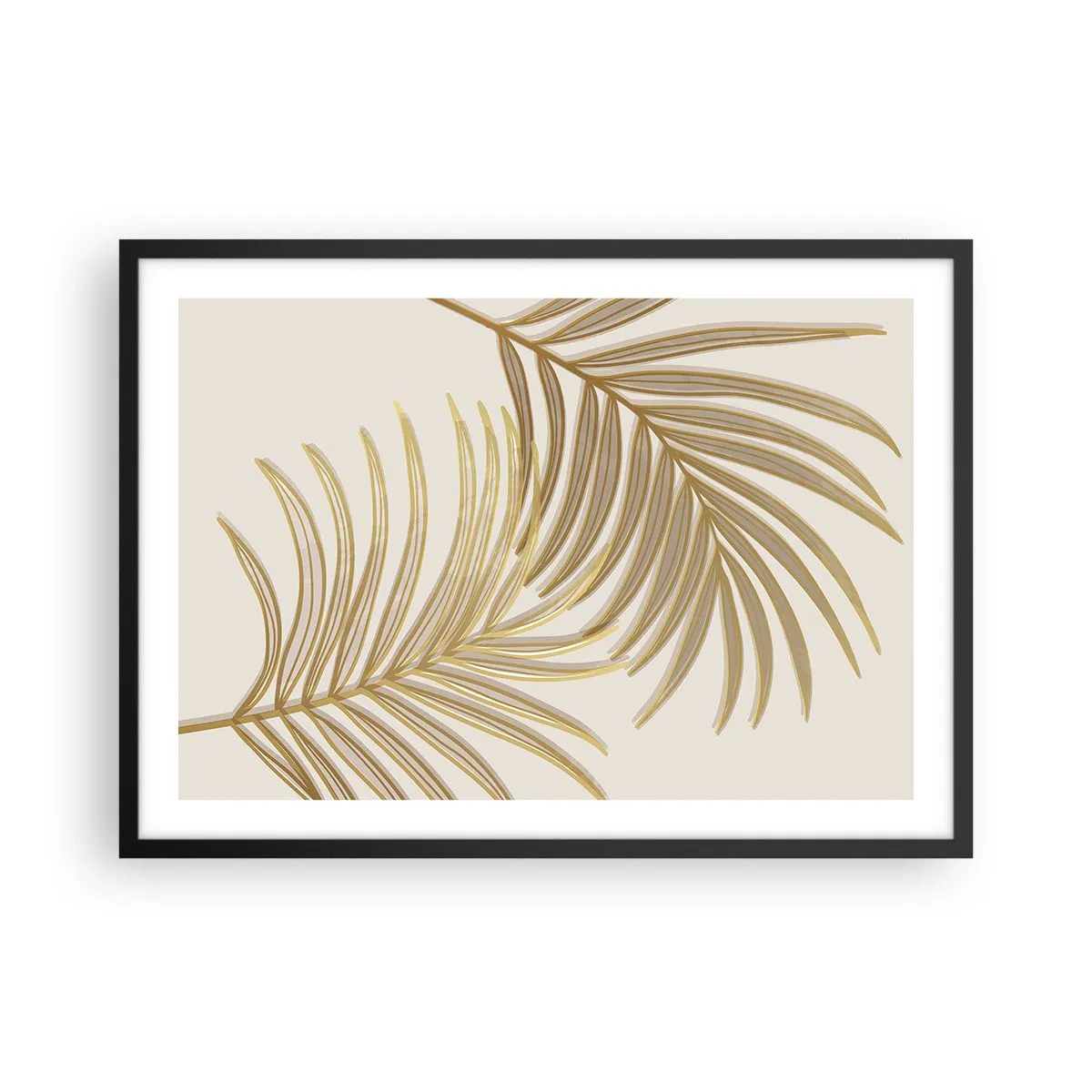 Plakat w czarnej ramie - Złote liście palmowe na jasnym tle w minimalistycznym stylu - 70x50cm - Złota Palma! - Nowoczesna dekoracja ścienna do salonu i sypialni ARTTOR
