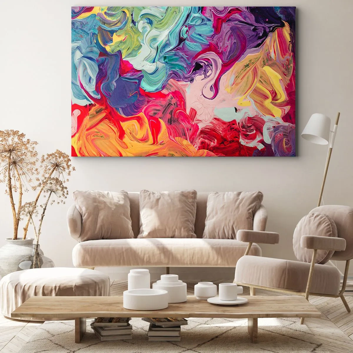 Obraz na płótnie - Abstrakcyjna kompozycja z żywymi, wirującymi kolorami i dynamiczną strukturą - 70x50cm - Narodziny barw - Nowoczesna dekoracja ścienna do salonu i sypialni ARTTOR