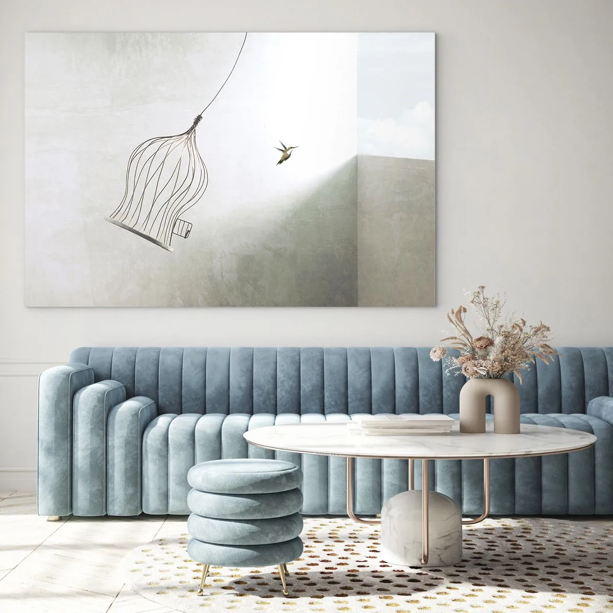 Obraz na szkle - Otwarta klatka i odlatujący koliber w świetle dziennym - 70x50cm - W swoim żywiole - Nowoczesna dekoracja ścienna do salonu i sypialni ARTTOR