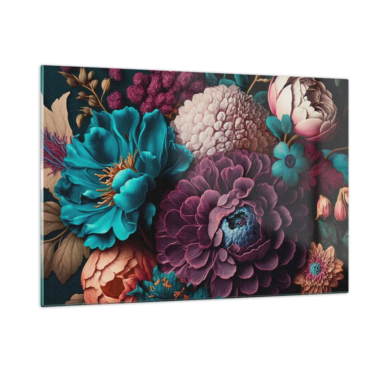 Obraz na szkle - Bogata kompozycja kwiatów w intensywnych barwach - 120x80cm - Natura na bogato - Nowoczesna dekoracja ścienna do salonu, kuchni i sypialni ARTTOR