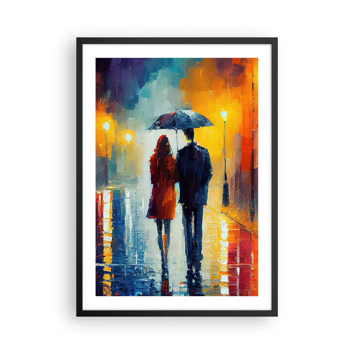 Plakat w czarnej ramie - Para z parasolem na deszczu, spacerująca po miejskiej ulicy - 50x70cm - Razem – kolorowa noc - Nowoczesna dekoracja ścienna do salonu i sypialni ARTTOR