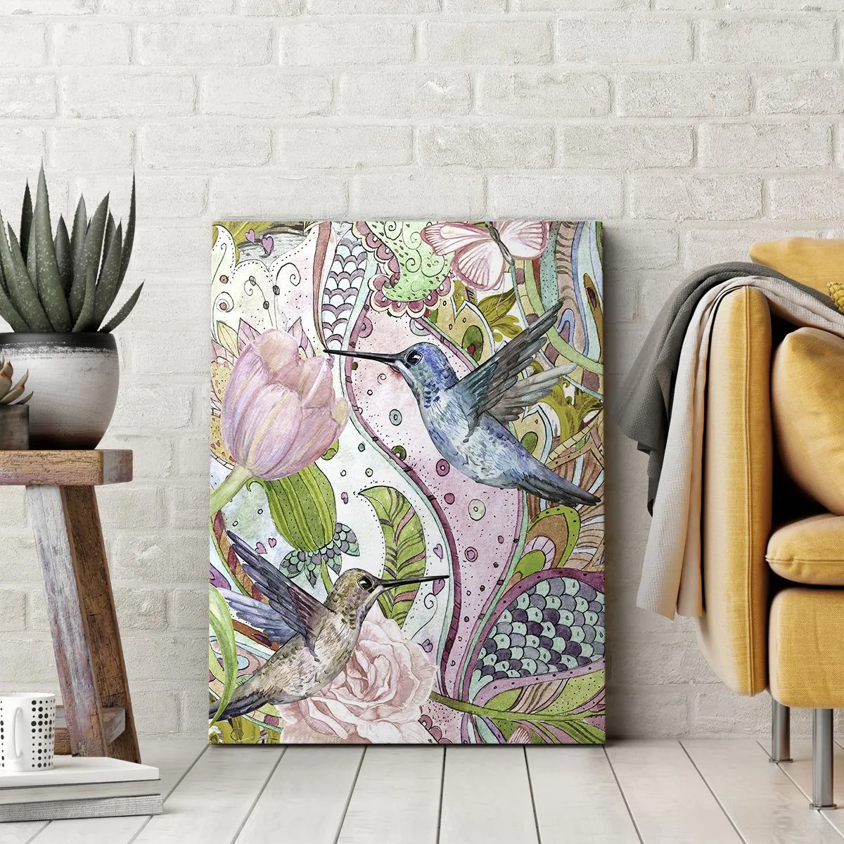 Obraz na płótnie - Kolorowe kolibry i motyle wśród roślin - 70x100cm - Wplątane w pnączach - Nowoczesna dekoracja ścienna do salonu i sypialni ARTTOR