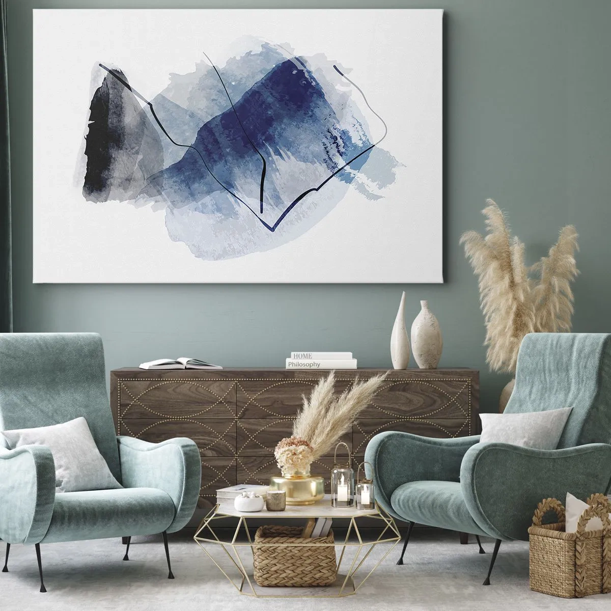 Obraz na płótnie - Abstrakcyjne formy w odcieniach niebieskiego z delikatnymi liniami - 70x50cm - Lodowa góra - Nowoczesna dekoracja ścienna do salonu i sypialni ARTTOR
