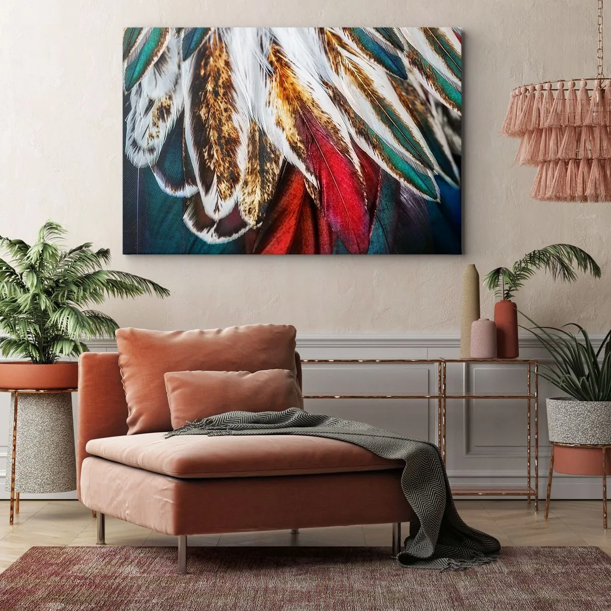 Obraz na płótnie - Zbliżenie na wielokolorowe pióra w żywych, intensywnych barwach - 100x70cm - Tajemnice lotu - Nowoczesna dekoracja ścienna do salonu, kuchni i sypialni ARTTOR