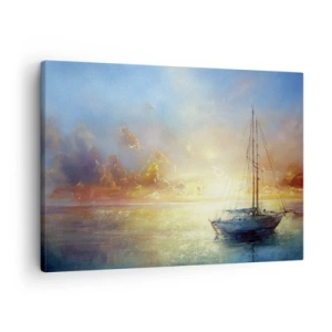 Obraz na płótnie - Jacht na spokojnym morzu o zachodzie słońca - 70x50cm - W złotej zatoce - Nowoczesna dekoracja ścienna do salonu i sypialni ARTTOR