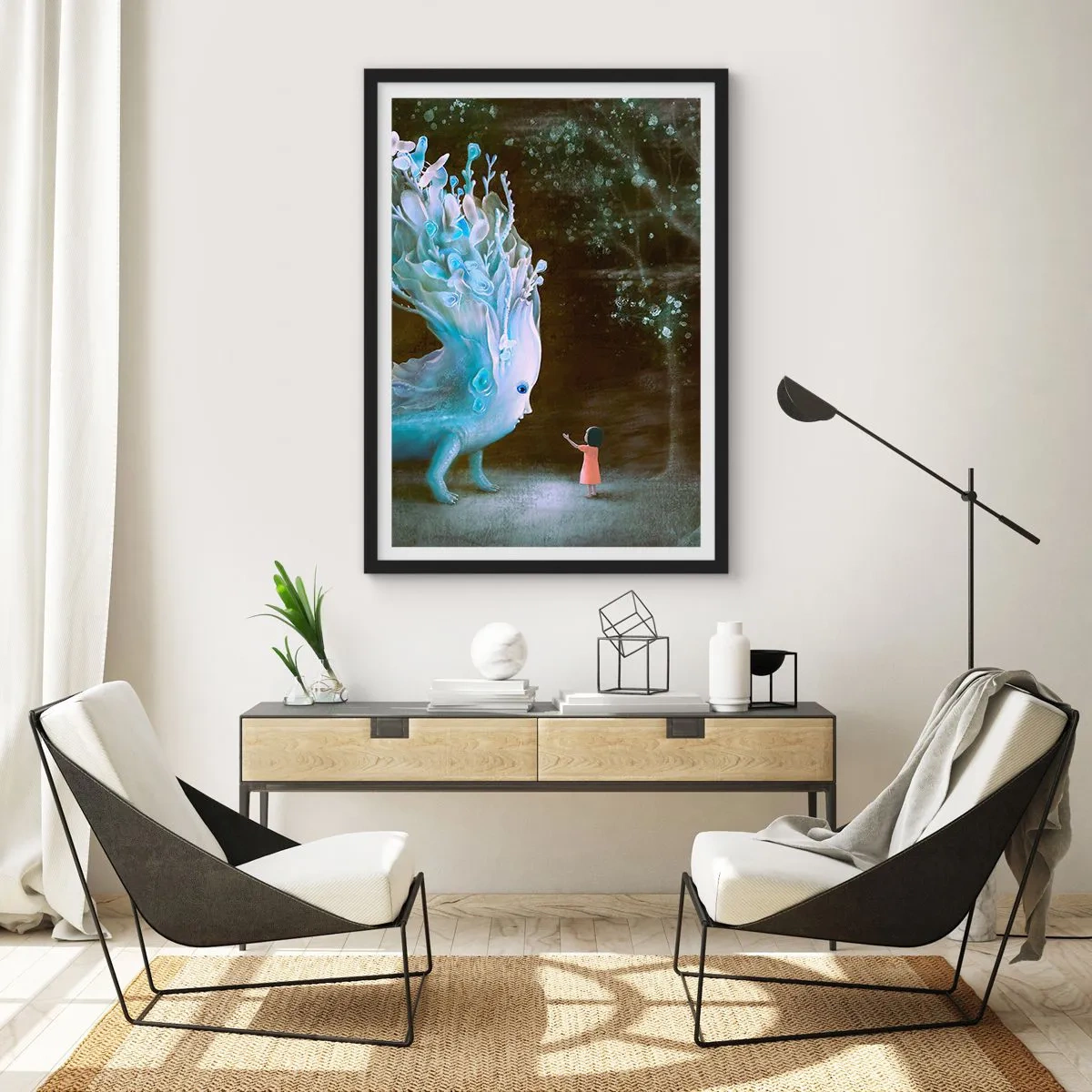 Plakat w czarnej ramie - Fantastyczne spotkanie - Dziewczynka w lesie spotykająca magiczną istotę w świetlistym otoczeniu - 50x70cm