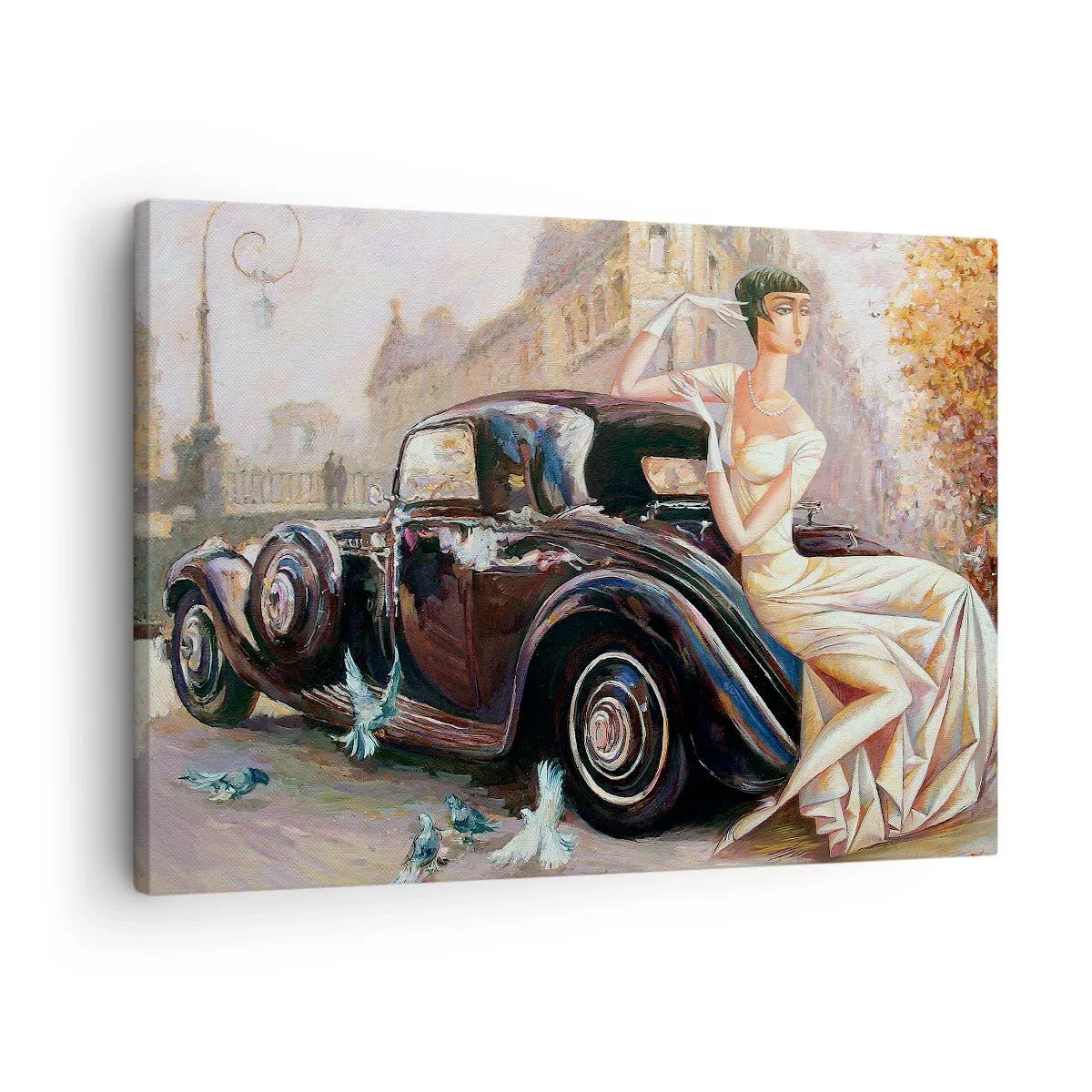 Obraz na płótnie - Kobieta w stylu retro obok klasycznego samochodu - 70x50cm - Elegancja w stylu retro - Nowoczesna dekoracja ścienna do salonu i sypialni ARTTOR