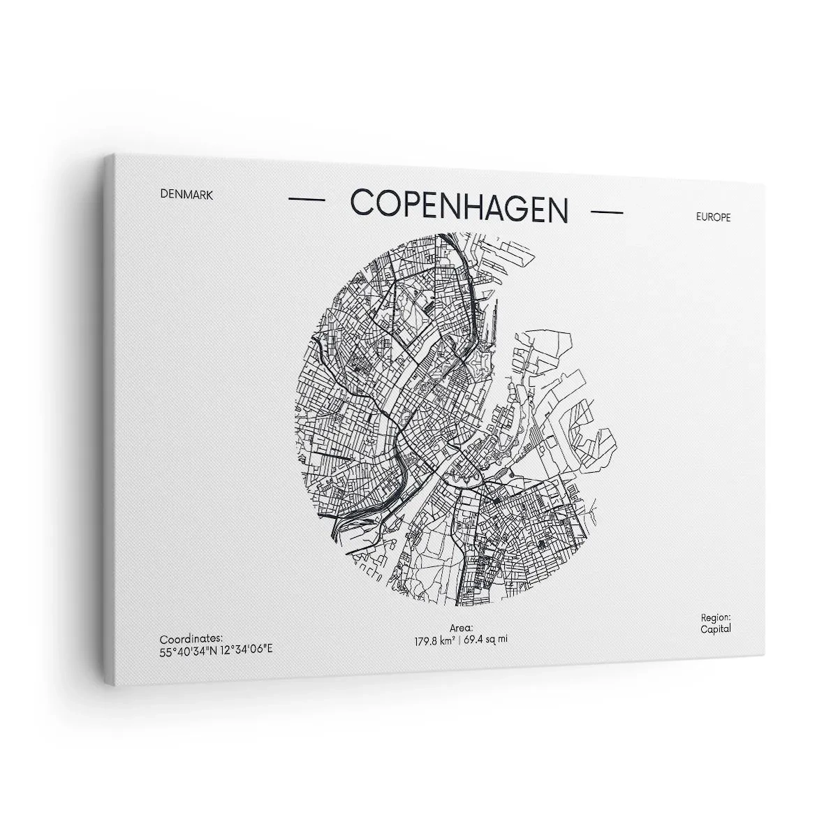 Obraz na płótnie - Mapa Kopenhagi w minimalistycznym, czarno-białym stylu - 70x50cm - Anatomia Kopenhagi - Nowoczesna dekoracja ścienna do salonu i sypialni ARTTOR