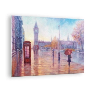 Obraz na szkle - Londynska scena w deszczu z Big Benem i czerwoną budką - 70x50cm - Londyński jesienny dzień - Nowoczesna dekoracja ścienna do salonu i sypialni ARTTOR