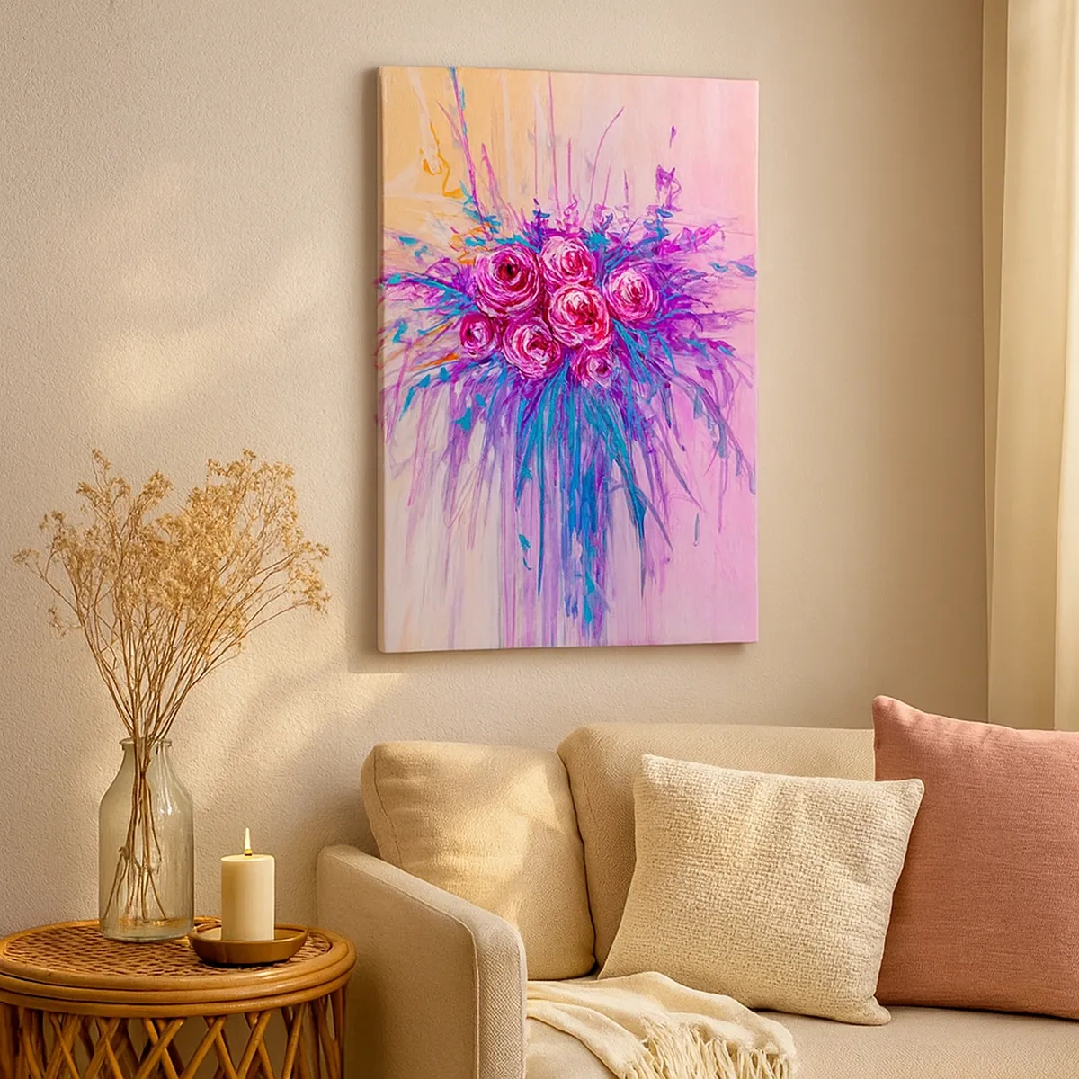 Obraz na płótnie - Abstrakcyjny bukiet róż w odcieniach różu i fioletu na pastelowym tle - 50x70cm - Różana fontanna - Nowoczesna dekoracja ścienna do salonu, kuchni i sypialni ARTTOR