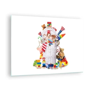 Obraz na szkle - Kosz pełen kolorowych zabawek na białym tle - 70x50cm - Skarby malucha - Nowoczesna dekoracja ścienna do salonu i sypialni ARTTOR