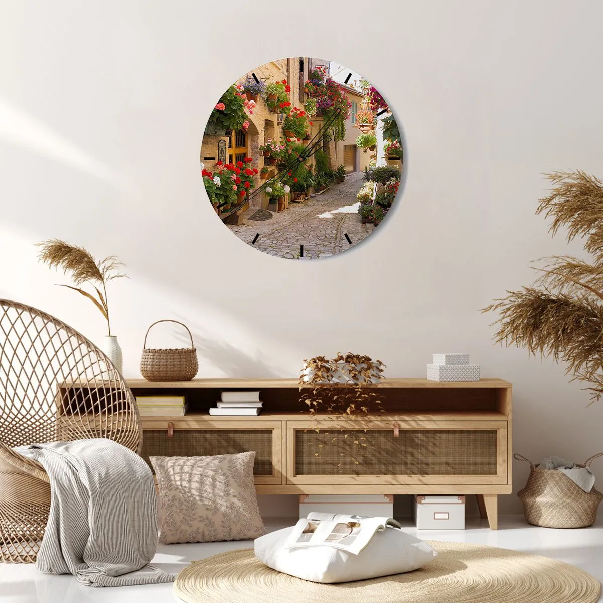 Zegar ścienny - Tarcza zegara z motywem malowniczej uliczki pełnej kolorowych kwiatów - 30x30cm - W kwiatów powodzi - Nowoczesna dekoracja ścienna do salonu, kuchni i sypialni ARTTOR