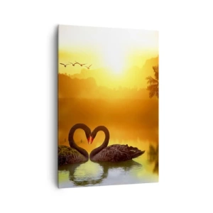 Obraz na płótnie - Dwa czarne łabędzie tworzące serce na tle zachodu słońca nad jeziorem - 70x100cm - Wszystko do pary - Nowoczesna dekoracja ścienna do salonu i sypialni ARTTOR