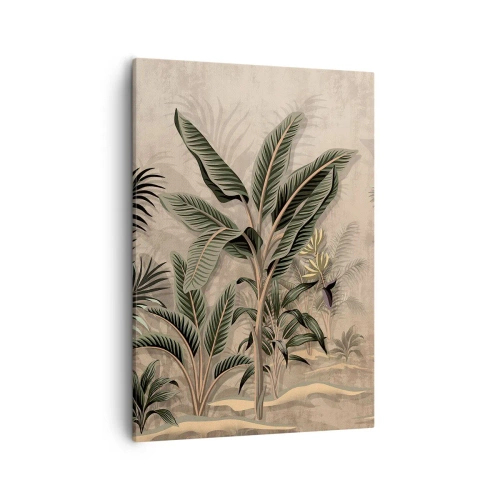 Obraz na płótnie - Tropikalne rośliny bananowca na beżowym tle - 50x70cm - Rycina w kolonialnym stylu - Nowoczesna dekoracja ścienna do salonu, kuchni i sypialni ARTTOR