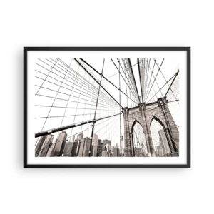 Plakat w czarnej ramie - Most Brooklyn w monochromatycznym ujęciu - 70x50cm - Nowojorska katedra - Nowoczesna dekoracja ścienna do salonu i sypialni ARTTOR