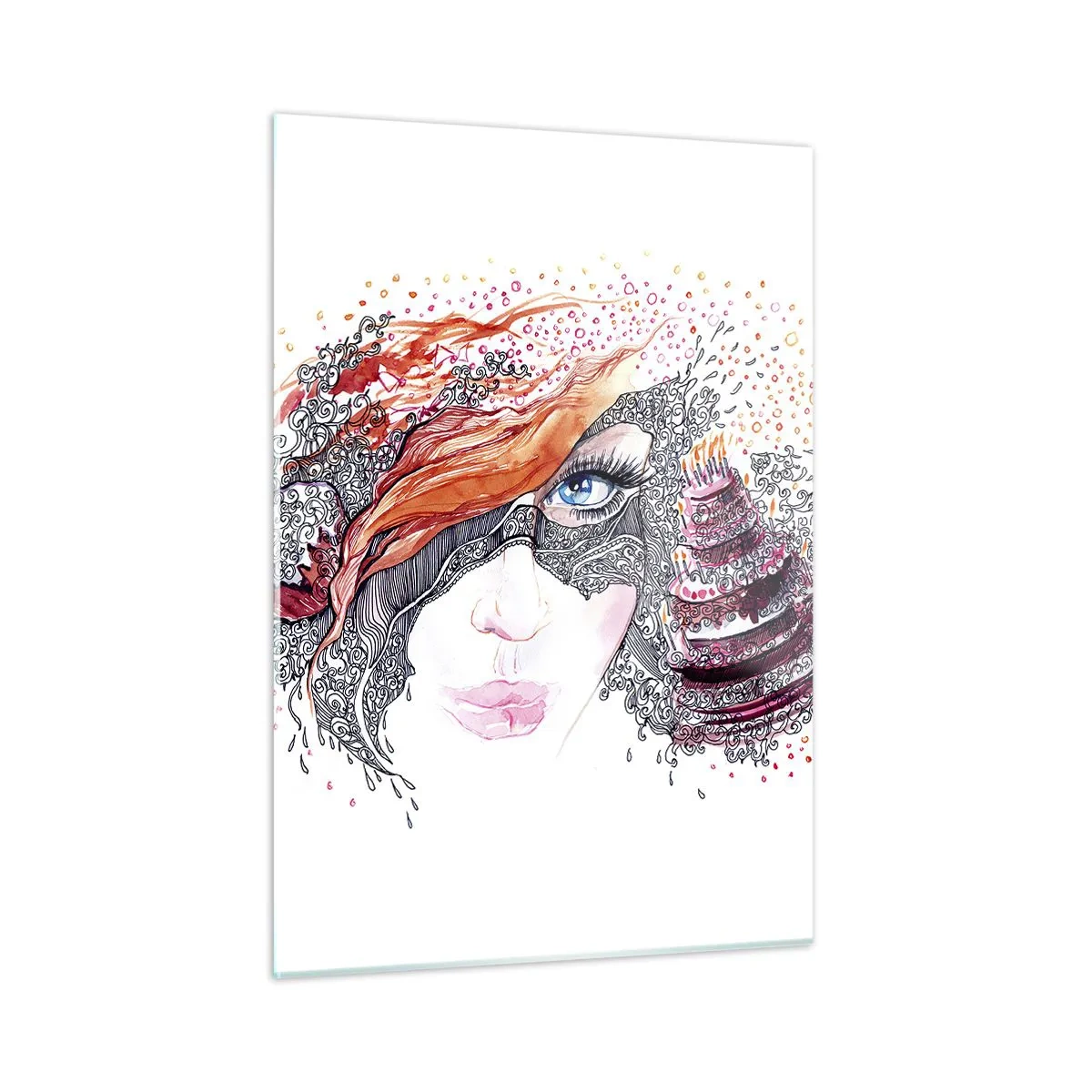 Obraz na szkle - Portret kobiety z dynamicznymi wzorami i czerwonymi akcentami - 50x70cm - Z nią codziennie jest święto - Nowoczesna dekoracja ścienna do salonu, kuchni i sypialni ARTTOR