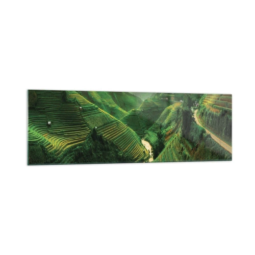 Obraz na szkle - Malownicze tarasy ryżowe w zielonej dolinie oświetlone zachodzącym słońcem - 160x50cm - Wietnamska dolina - Nowoczesna dekoracja ścienna do salonu i sypialni ARTTOR