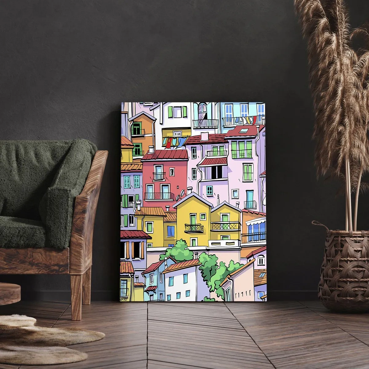 Obraz na płótnie - Kolorowe budynki w rysunkowym stylu z zielenią na pierwszym planie - 50x70cm - Wesołe miasto - Nowoczesna dekoracja ścienna do salonu, kuchni i sypialni ARTTOR