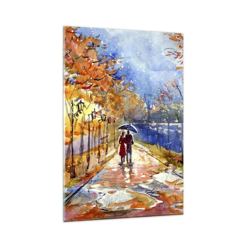 Obraz na szkle - Jesienny spacer w parku nad brzegiem rzeki pod parasolem - 80x120cm - Razem do granicy czasu - Nowoczesna dekoracja ścienna do salonu i sypialni ARTTOR
