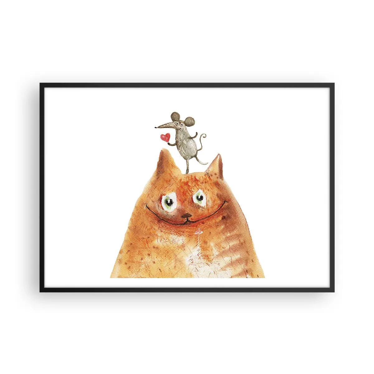 Plakat w czarnej ramie - Rysunek kota z myszą na głowie trzymającą serce - 100x70cm - Paradoksy miłości - Nowoczesna dekoracja ścienna do salonu i sypialni ARTTOR
