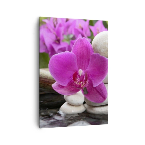 Obraz na płótnie - Fioletowa orchidea, kamienie i bambus z wodą w relaksacyjnym otoczeniu - 70x100cm - Już odpoczywasz - Nowoczesna dekoracja ścienna do salonu i sypialni ARTTOR