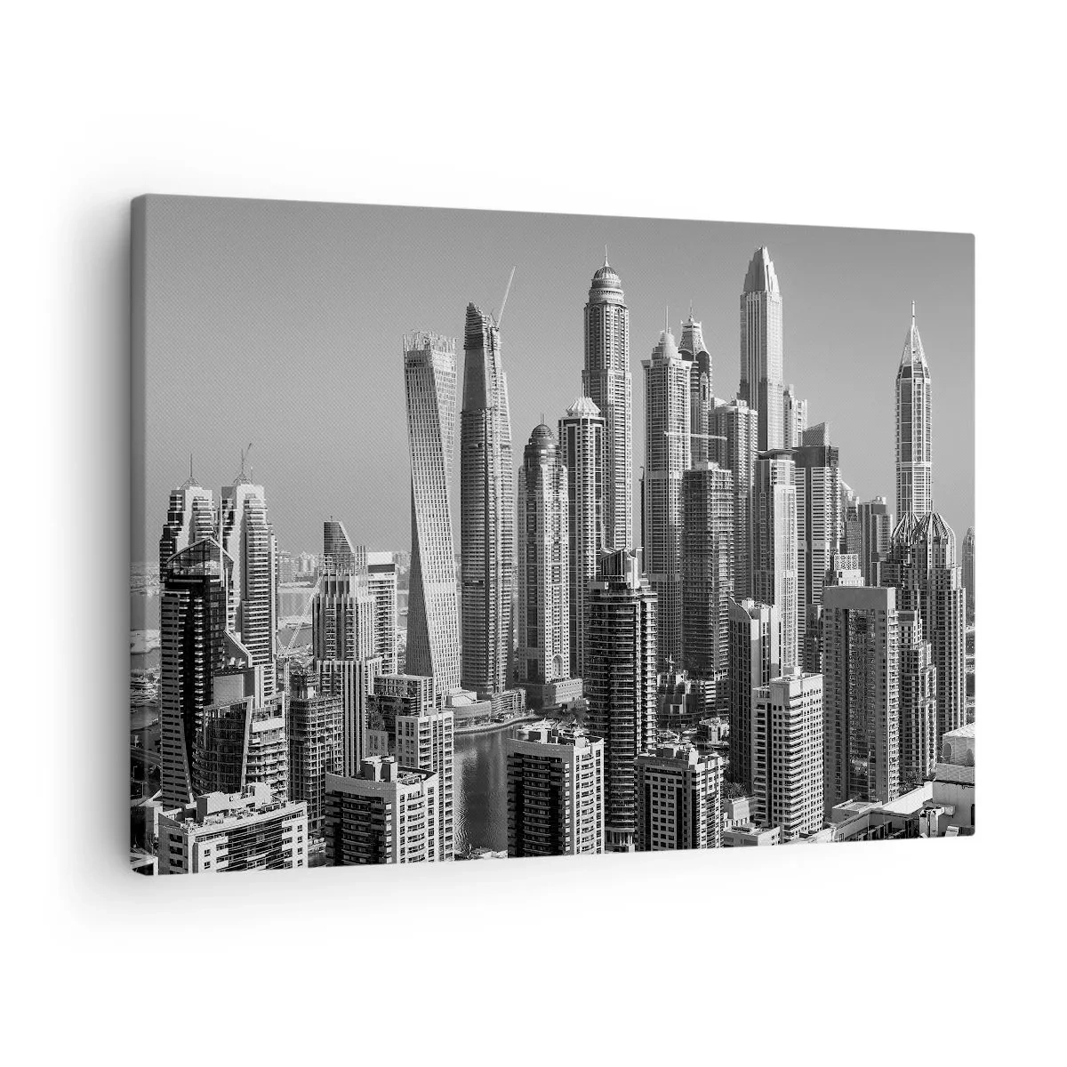 Obraz na płótnie - Panorama nowoczesnych wieżowców w monochromatycznej tonacji - 70x50cm - Miasto nad pustynią - Nowoczesna dekoracja ścienna do salonu i sypialni ARTTOR