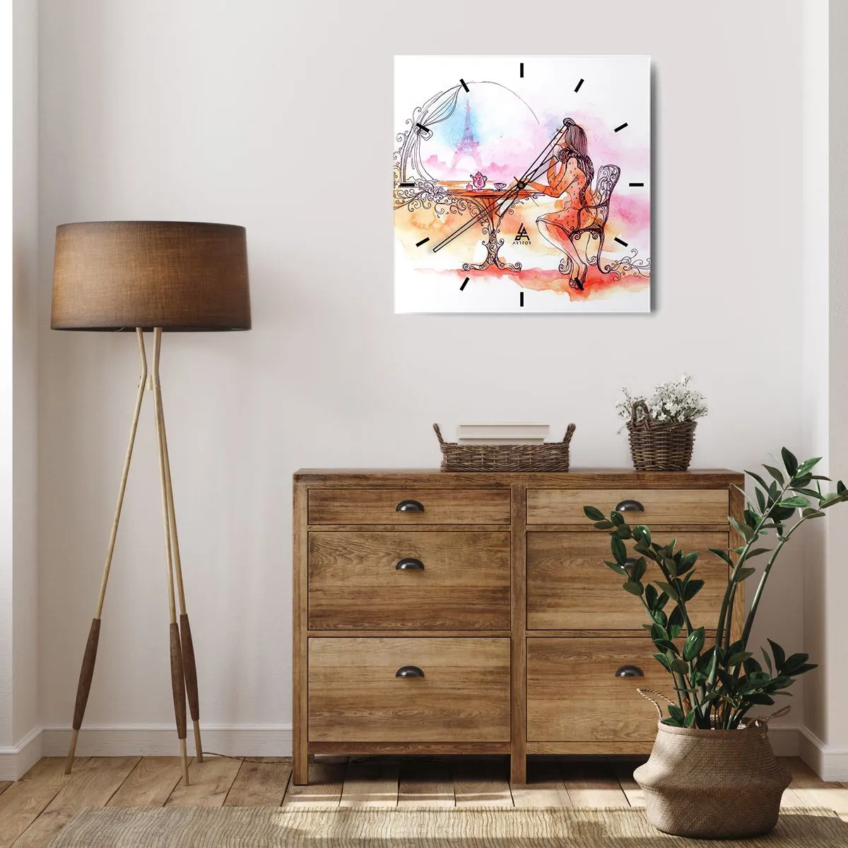 Zegar ścienny - Romantyczna akwarela kobiety w kawiarni z widokiem na wieżę - 30x30cm - Paryski szyk - Nowoczesna dekoracja ścienna do salonu i sypialni ARTTOR